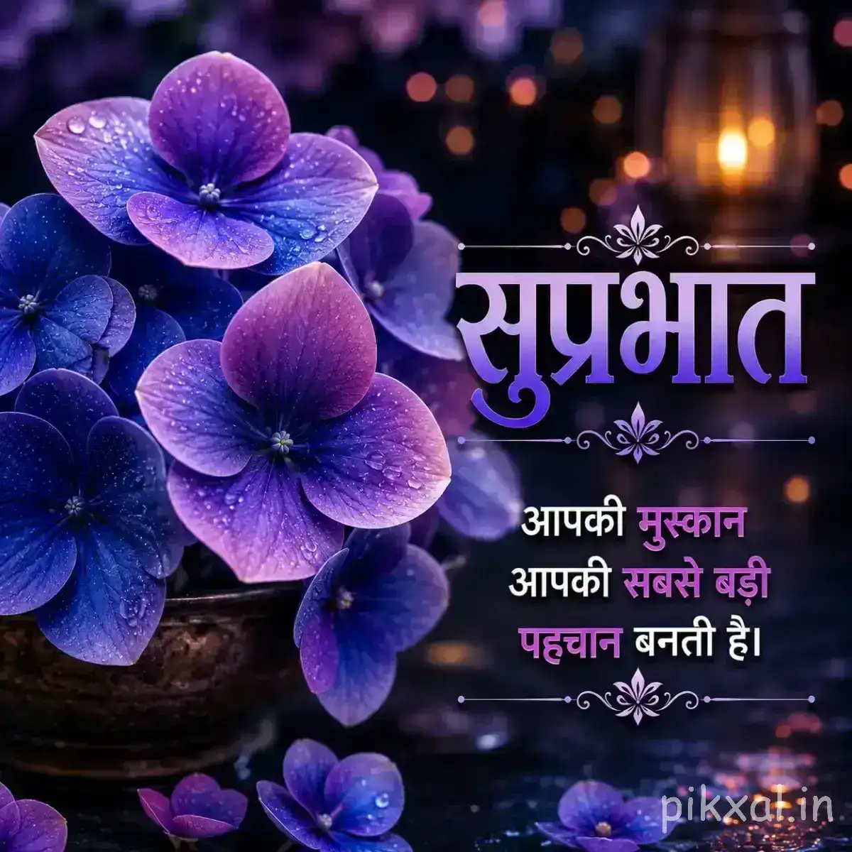 Cluster of purple and blue flowers in a dark setting with soft glowing lights and a Hindi morning message
