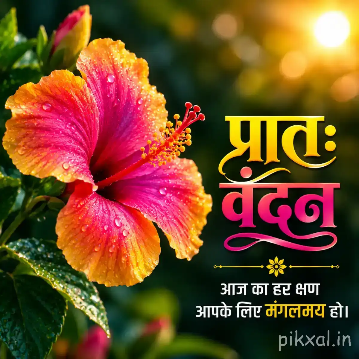 Single orange-pink flower with layered petals and a long central stamen against blurred greenery and sunlight