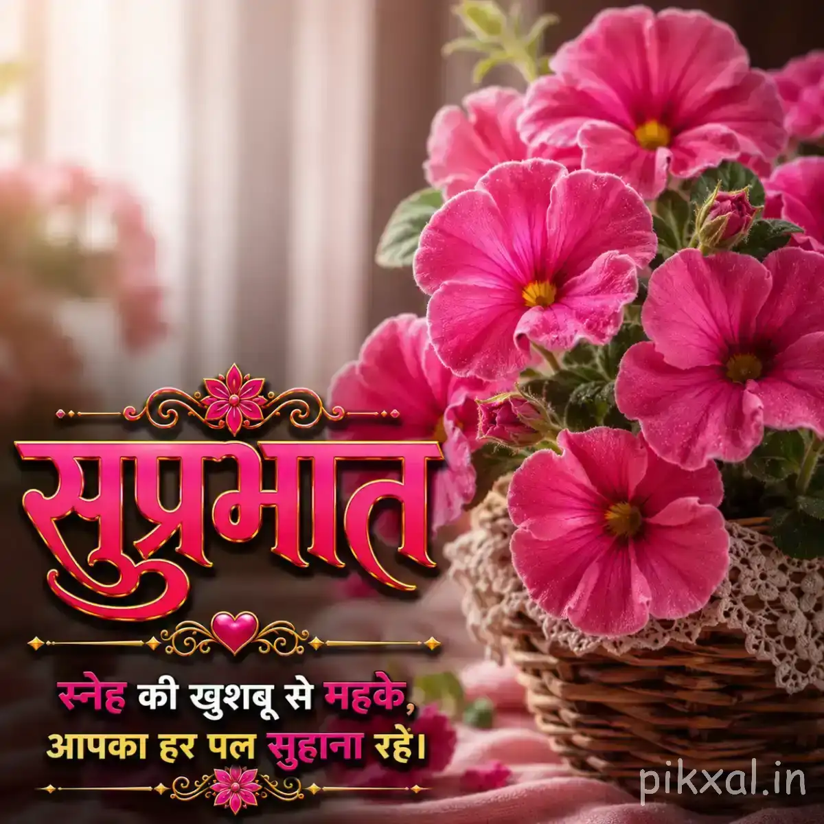 Cluster of pink flowers beside a white curtain and textured surface, with a Hindi Good Morning wish