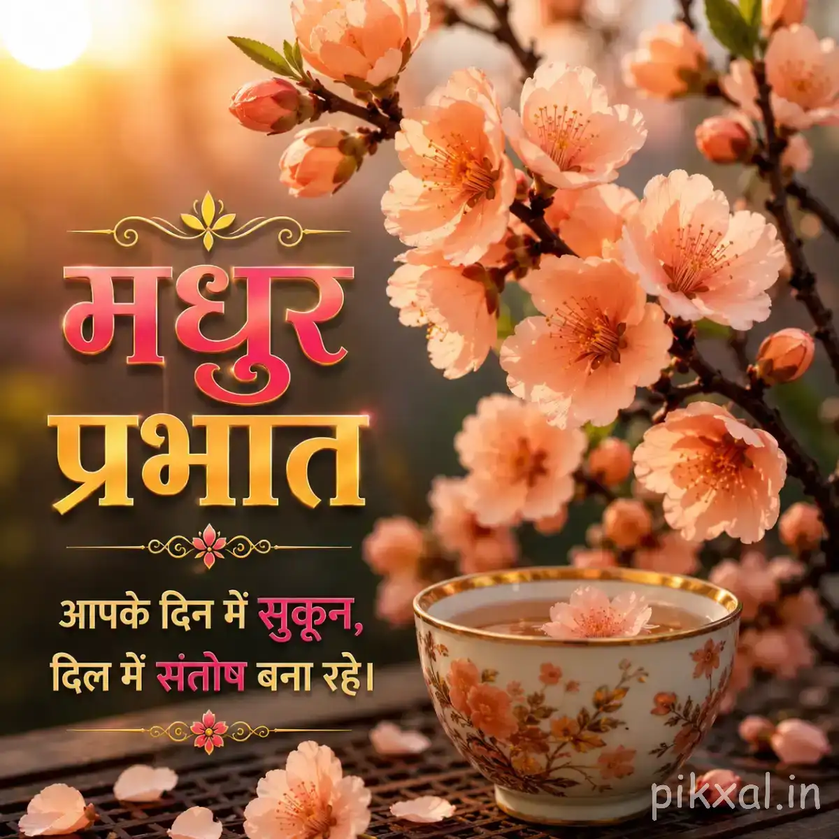 Peach-colored flowers on branches beside a teacup, accompanied by a Hindi Good Morning message