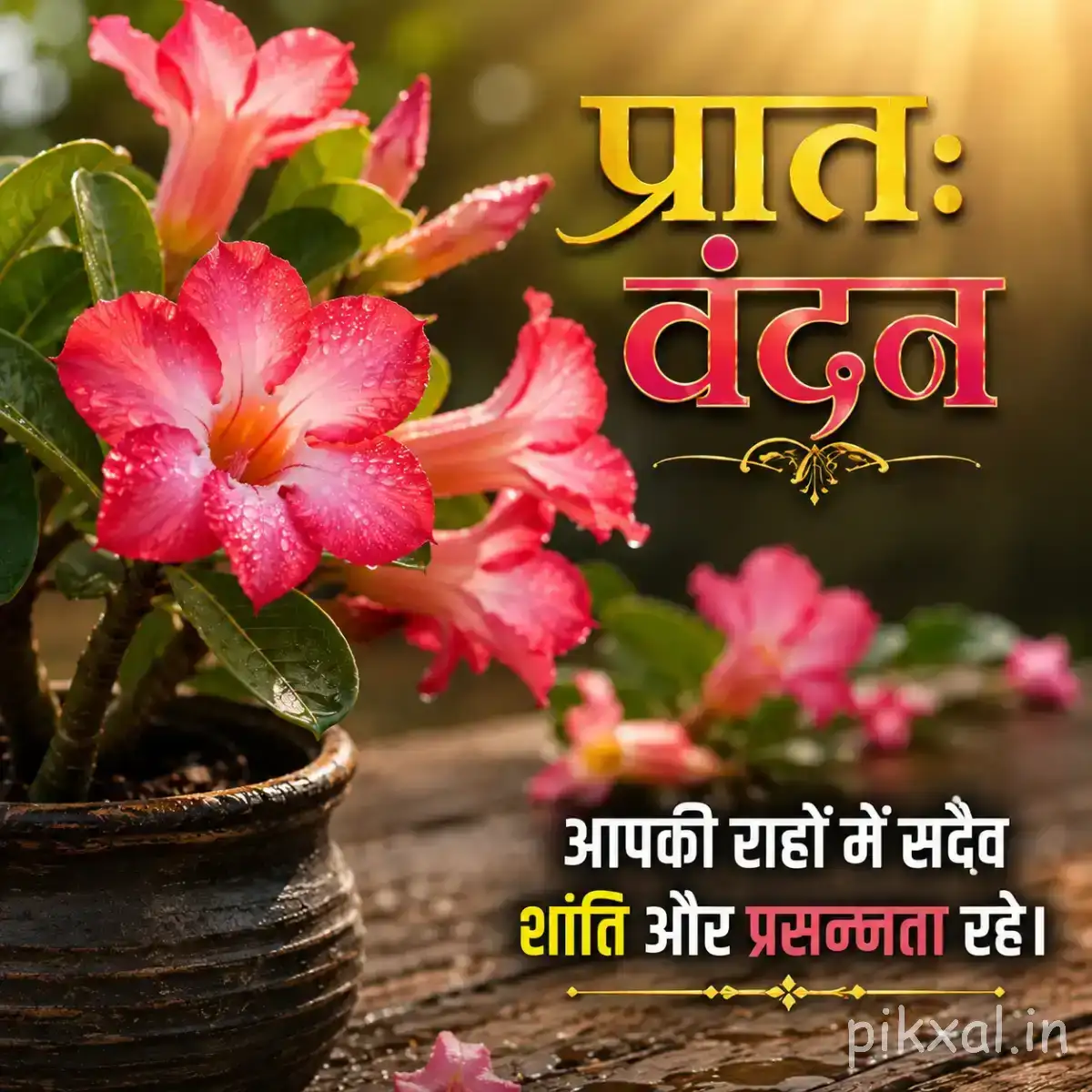 Cluster of pink flowers growing from a pot with a Hindi morning greeting