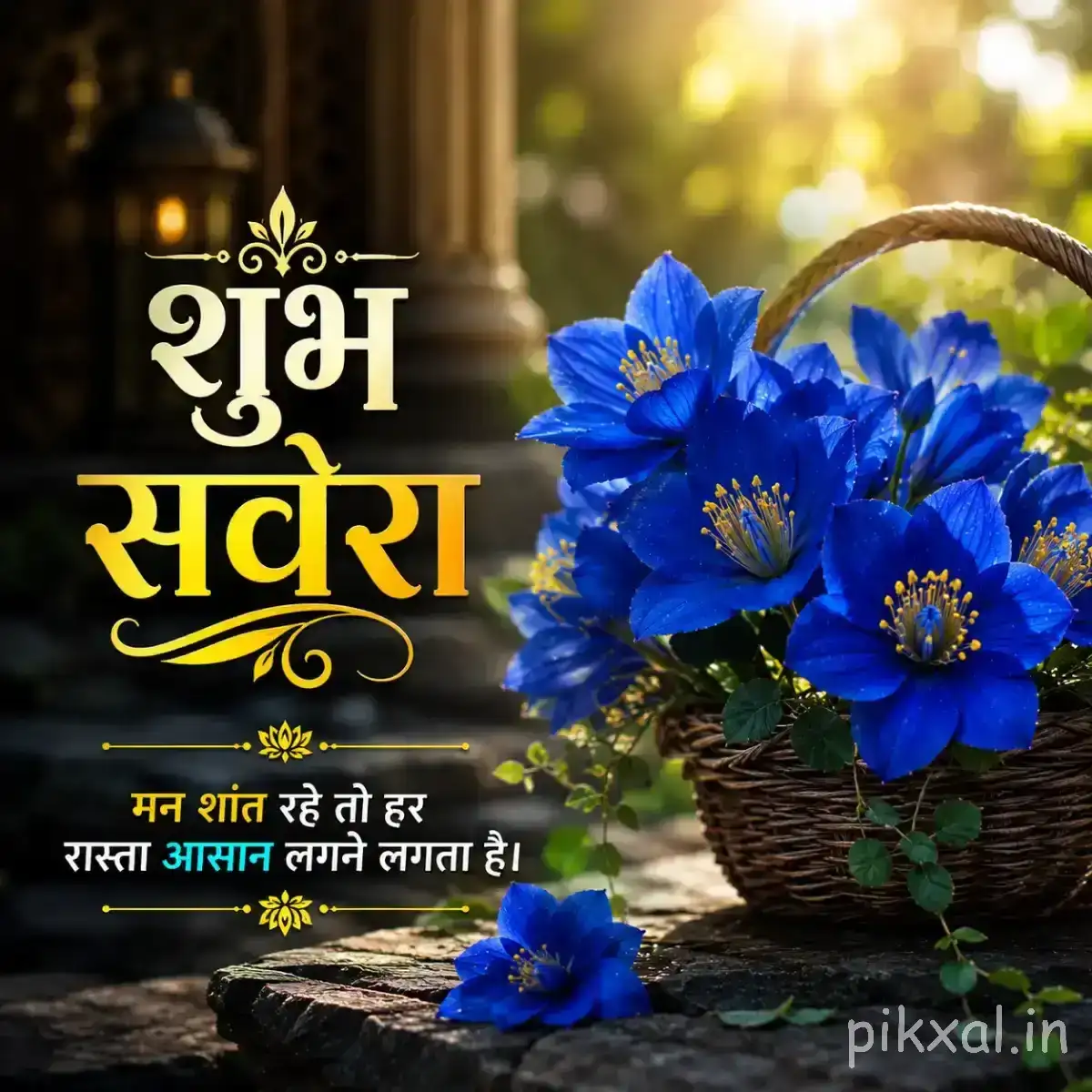 Cluster of blue flowers with green foliage against a dark blurred background and a Hindi Good Morning greeting