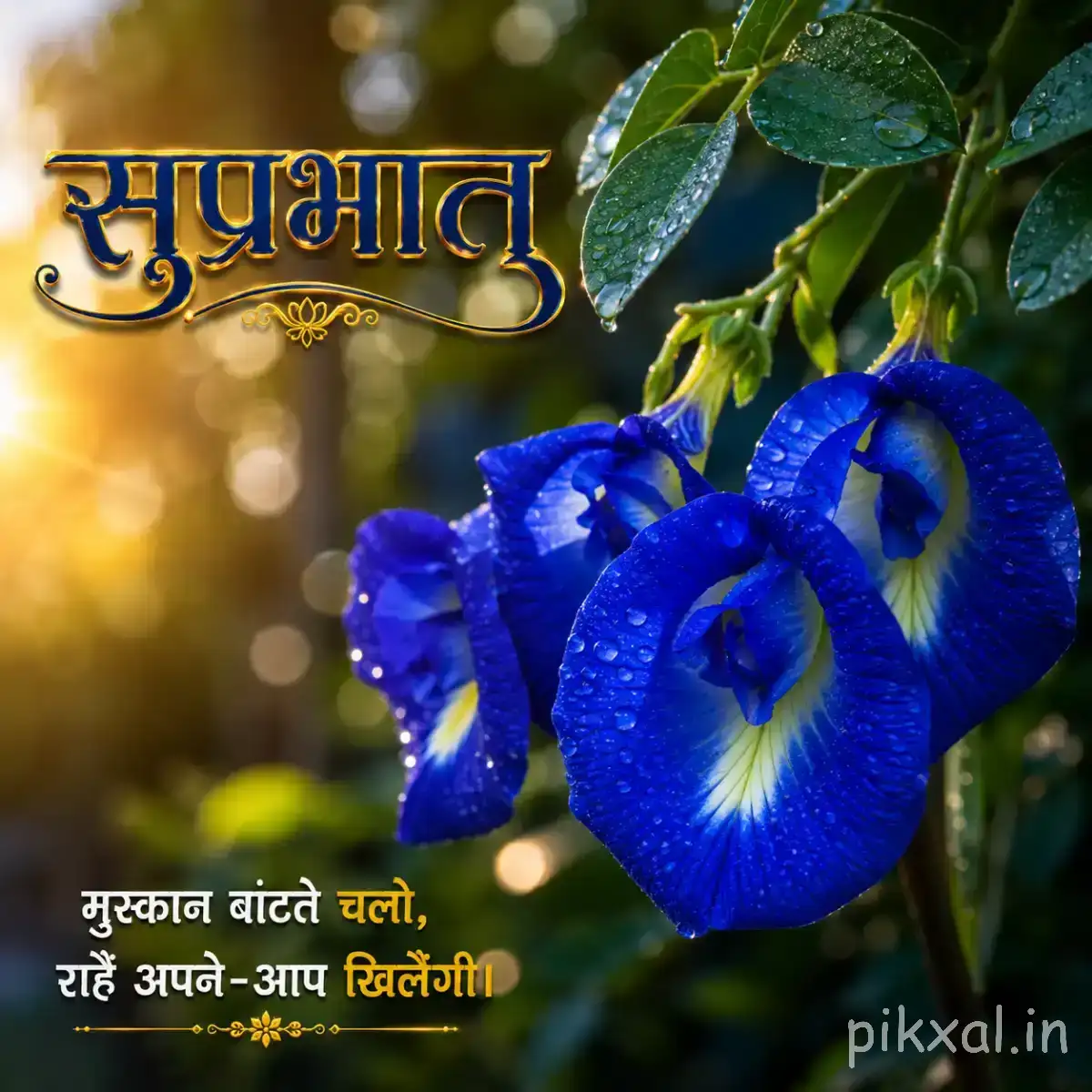 Cluster of deep blue flowers with green leaves and a Hindi Good Morning message