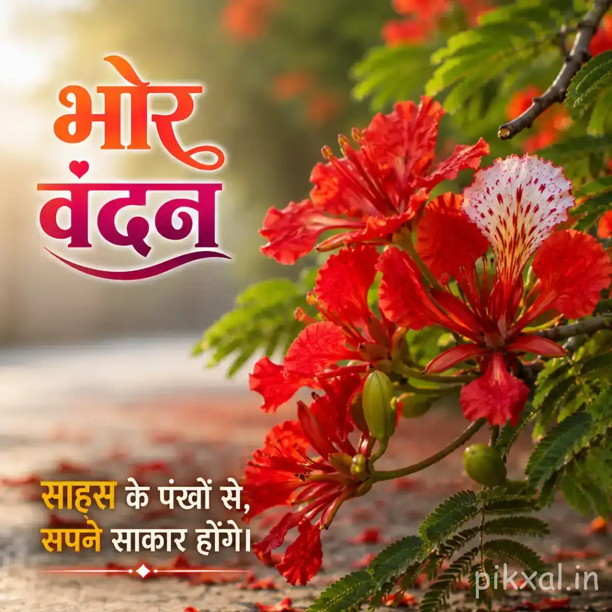 Red and orange flowers on a leafy branch with a Hindi morning wish
