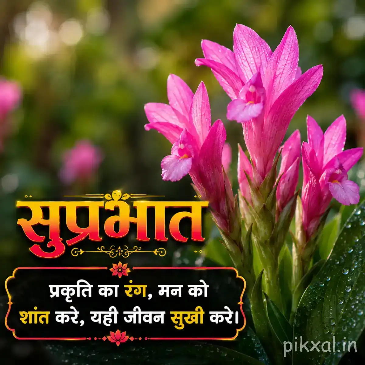 Cluster of bright pink flowers with elongated petals and green foliage, accompanied by a Hindi Good Morning wish
