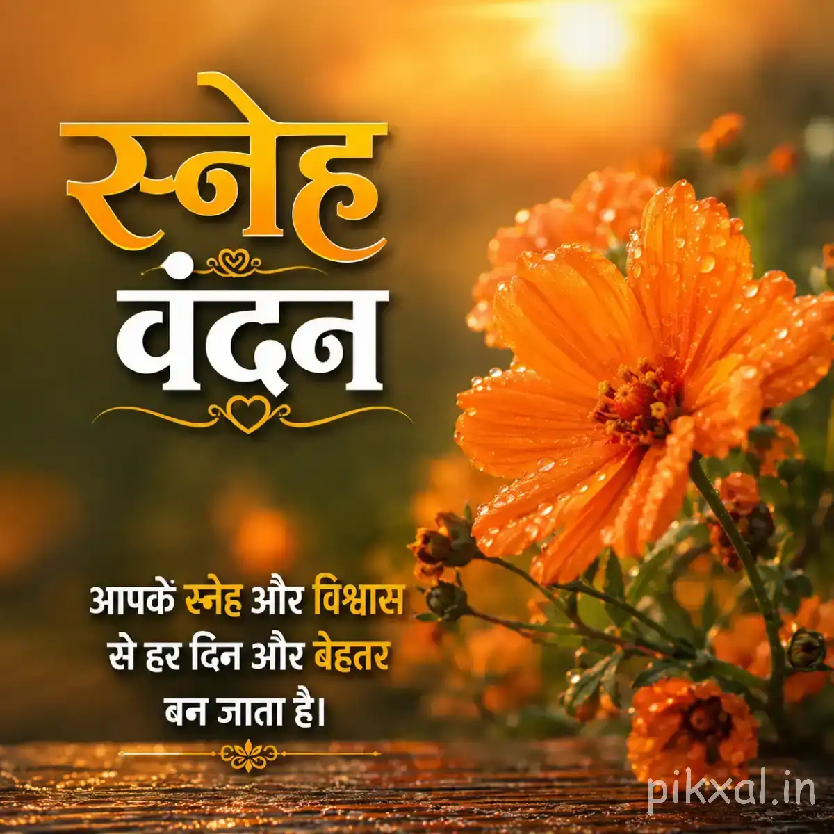 Single orange flower with layered petals beside green leaves and a Hindi morning greeting