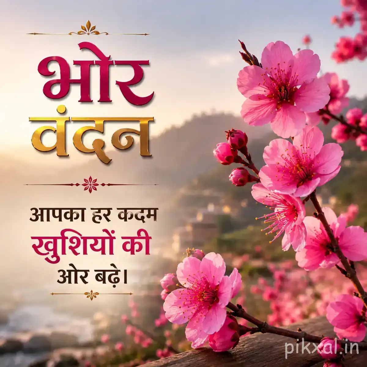 Several pink flowers and buds on branching stems against a softly glowing warm background