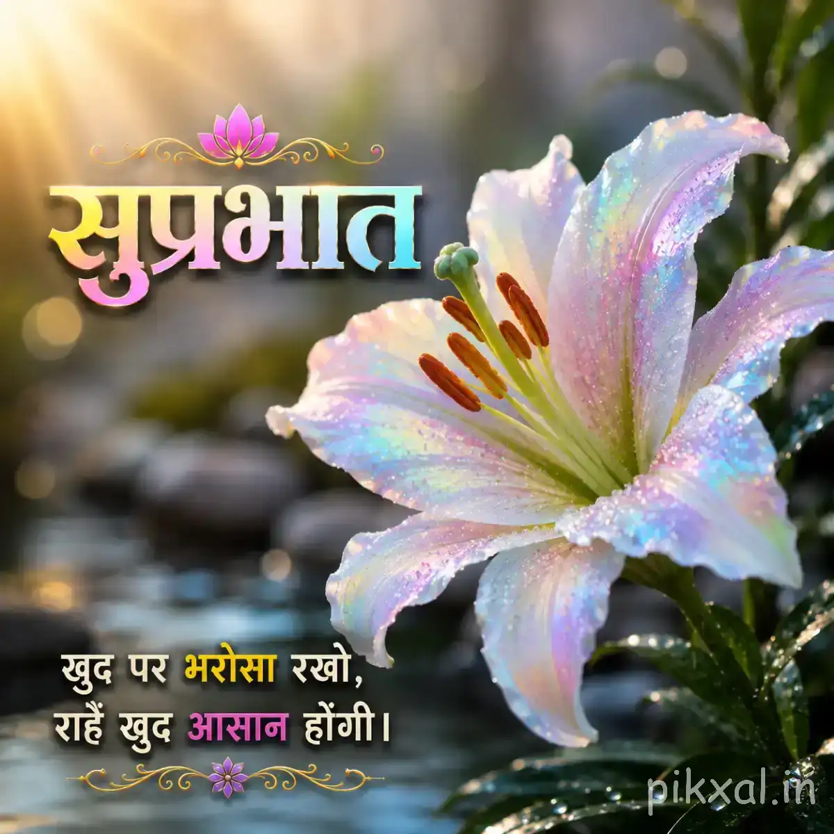 Large pale flower with pink, yellow and blue-toned petals against softly blurred greenery and morning light