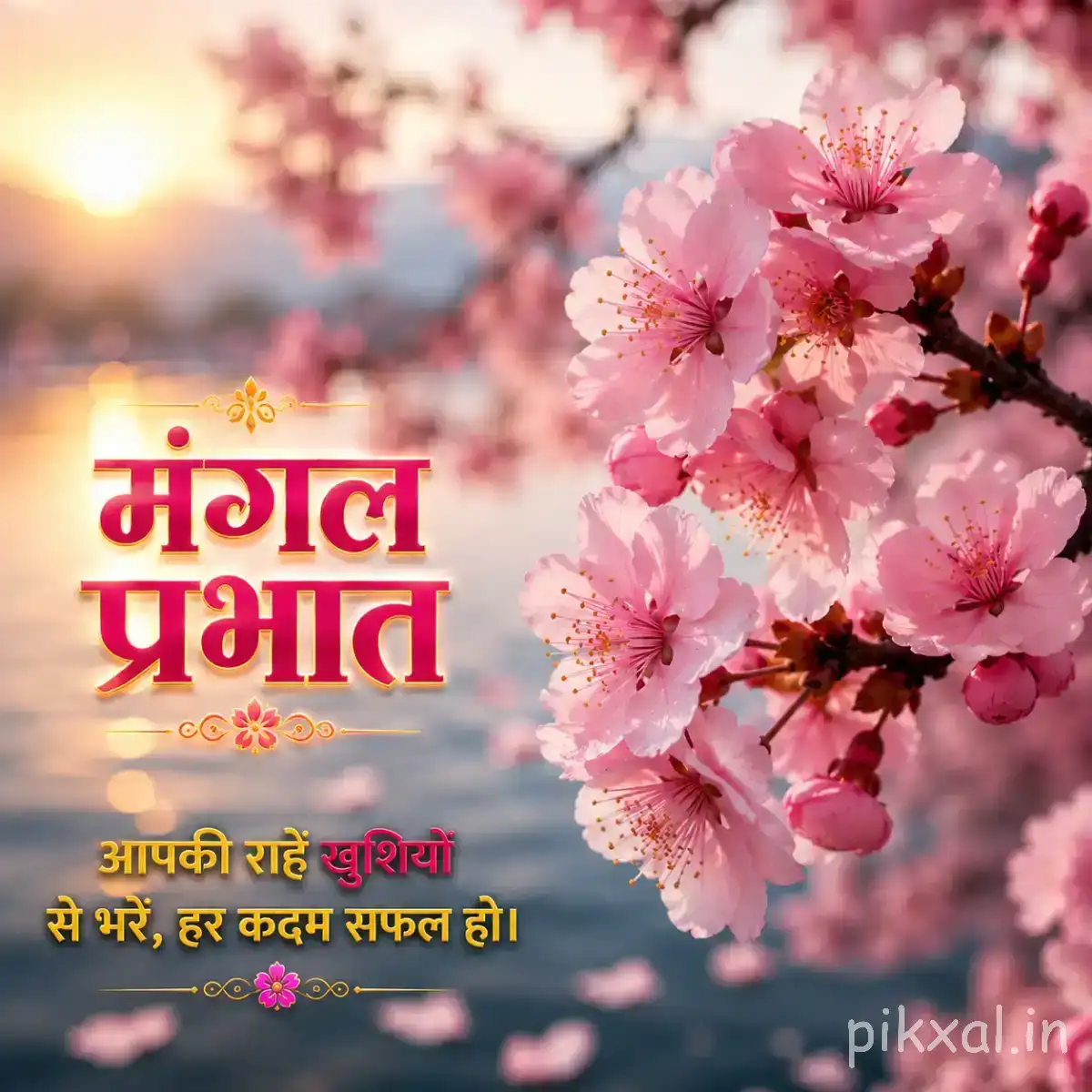 Pink blossoms clustered along a flowering branch with warm sunrise light and a Hindi morning greeting