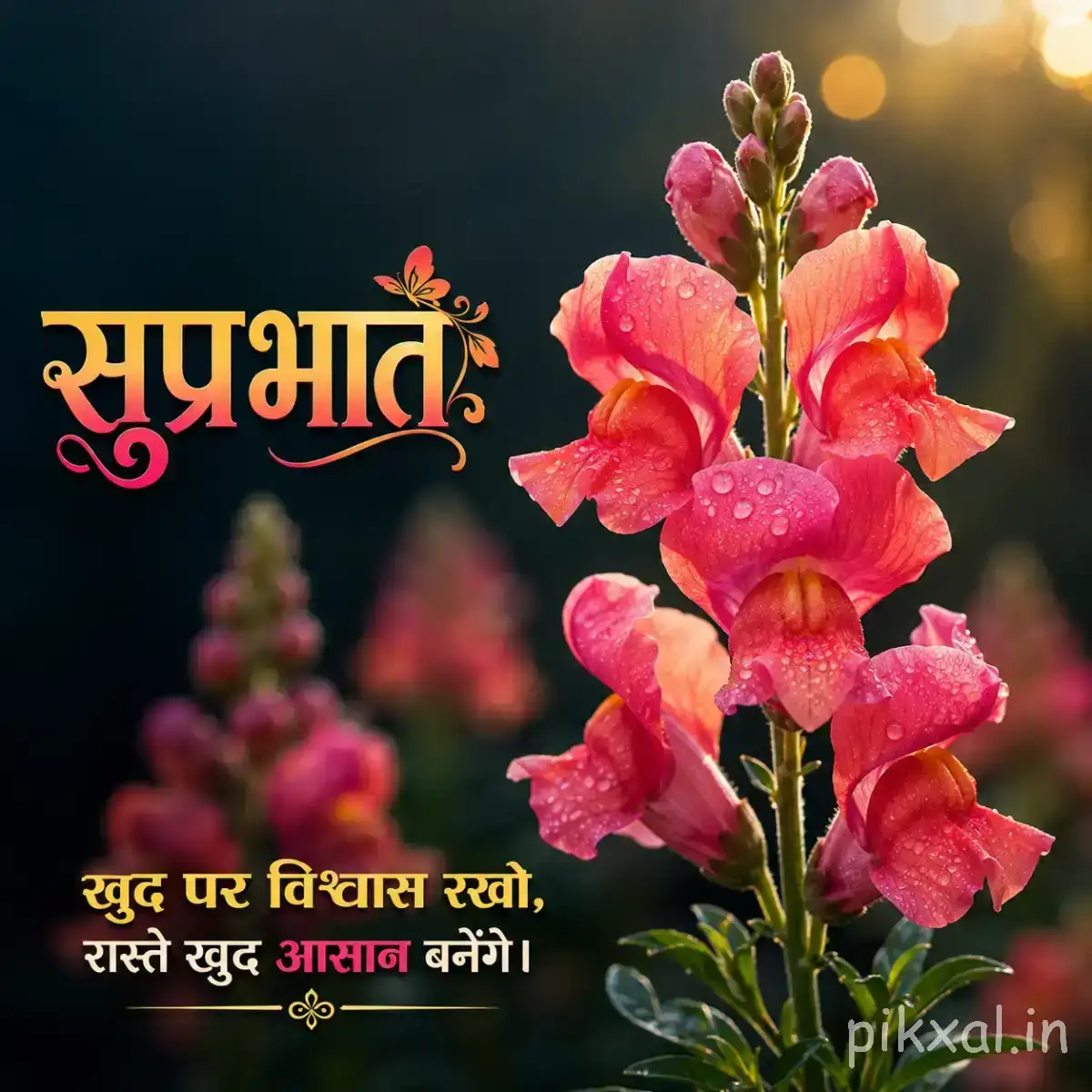 Pink flowers and unopened buds on upright stems against a dark background with Hindi morning greetings