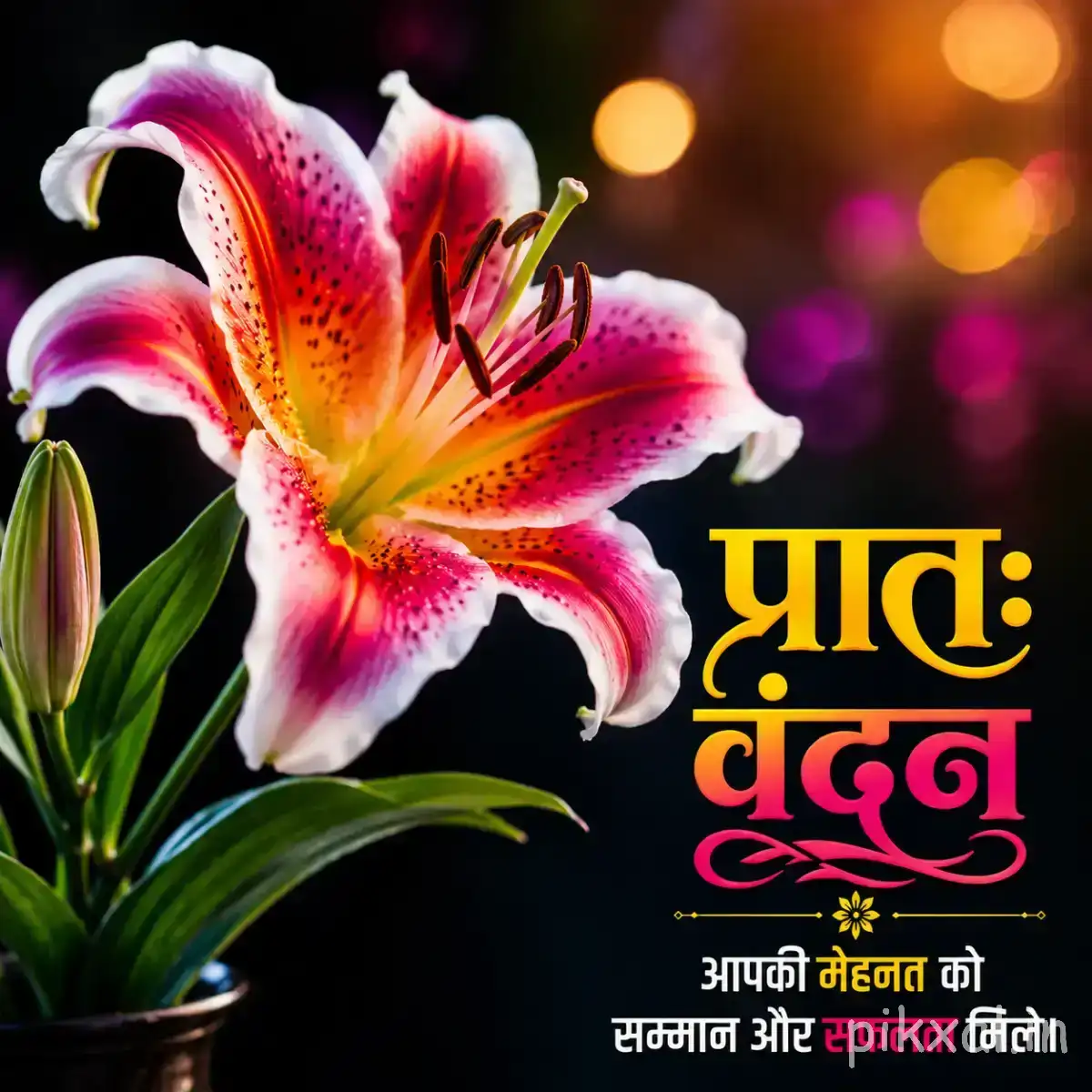 Large pink, white, and orange flower with elongated petals and green leaves against a dark background