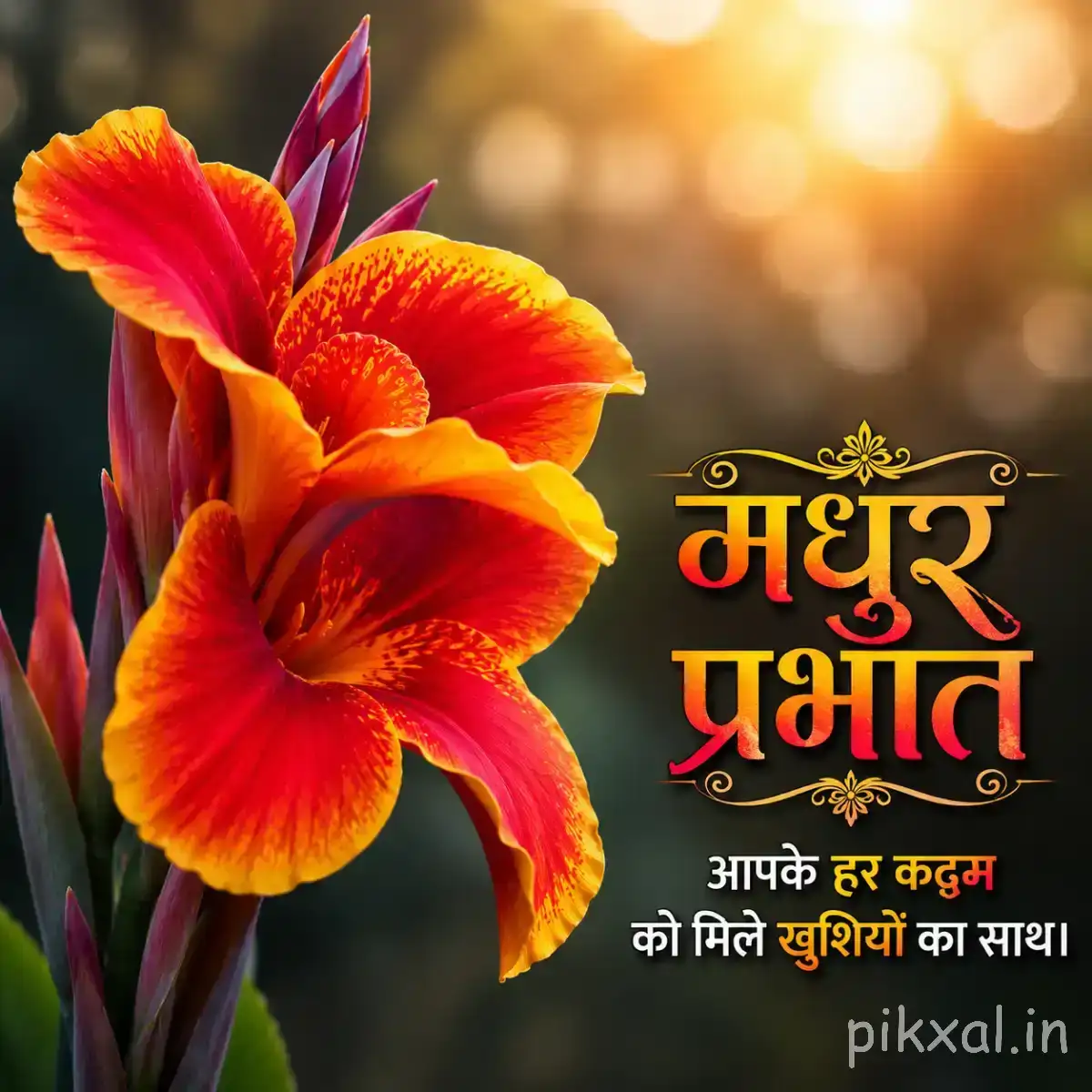 Orange-red flowers with yellow centers and green leaves glowing in warm morning sunlight with a Hindi Good Morning wish