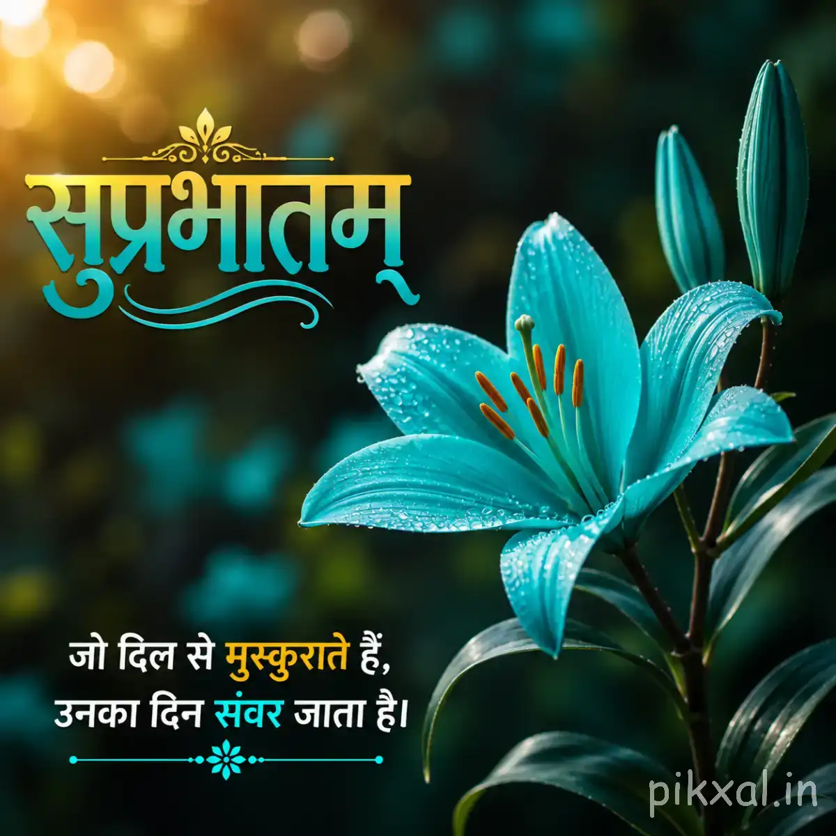 Several bright blue flowers with long green leaves against softly blurred greenery and a Hindi morning greeting