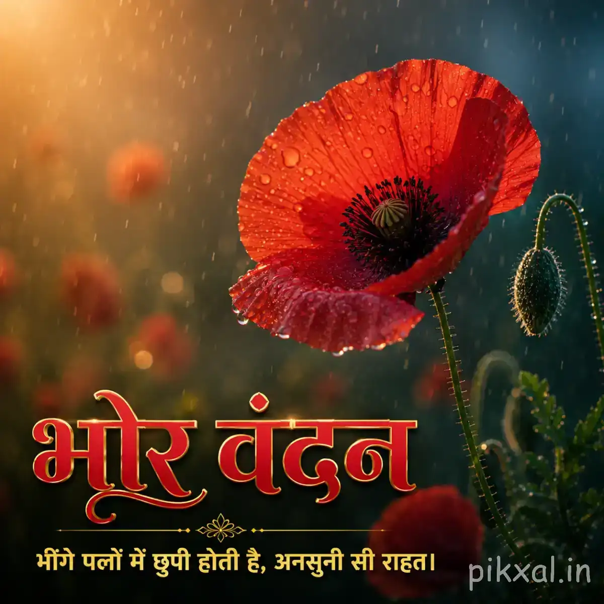 Single orange-red flower with a dark center and nearby unopened buds against a dark background