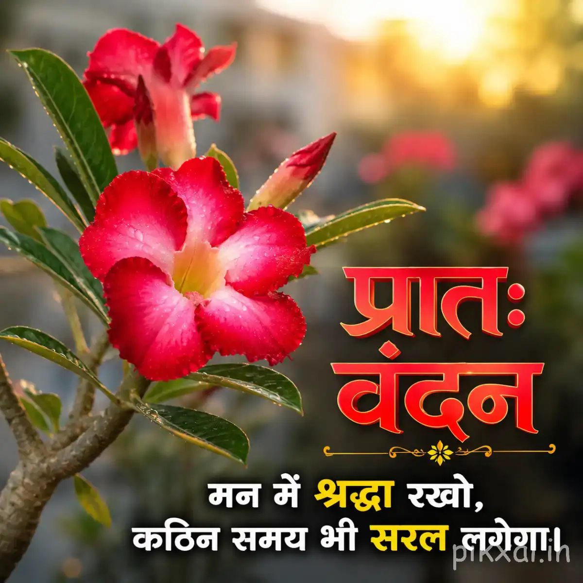Several red flowers with pale centers and long green leaves on a branch with a Hindi morning greeting