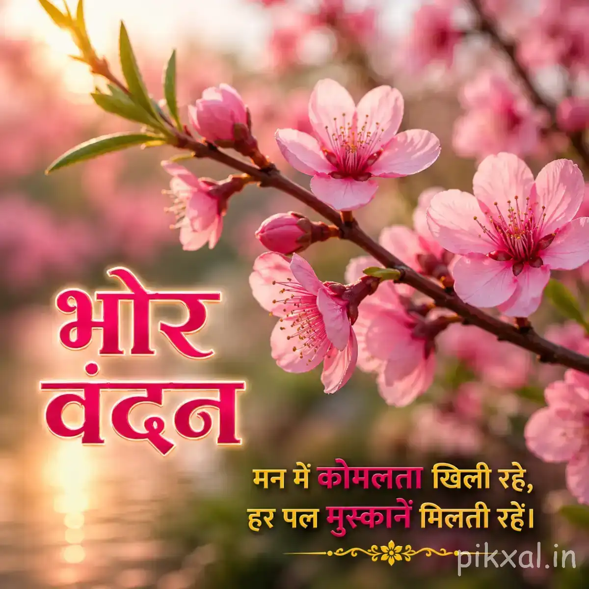 Pink flowers and buds along a slender flowering branch with warm light and a Hindi morning wish