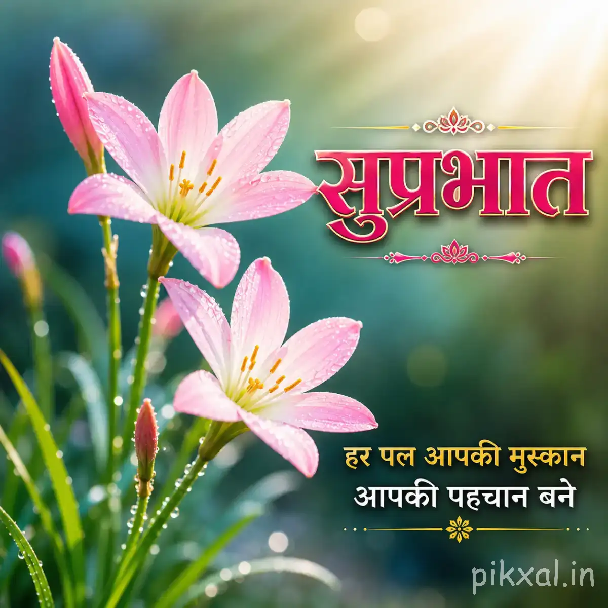 Several pale pink flowers on slender green stems with warm morning light and a Hindi Good Morning greeting