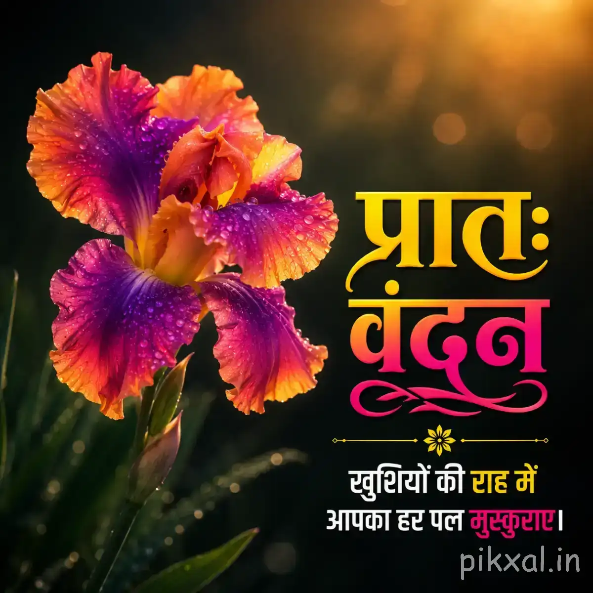 Cluster of orange, yellow, and purple flowers against a dark softly blurred background with a Hindi morning greeting