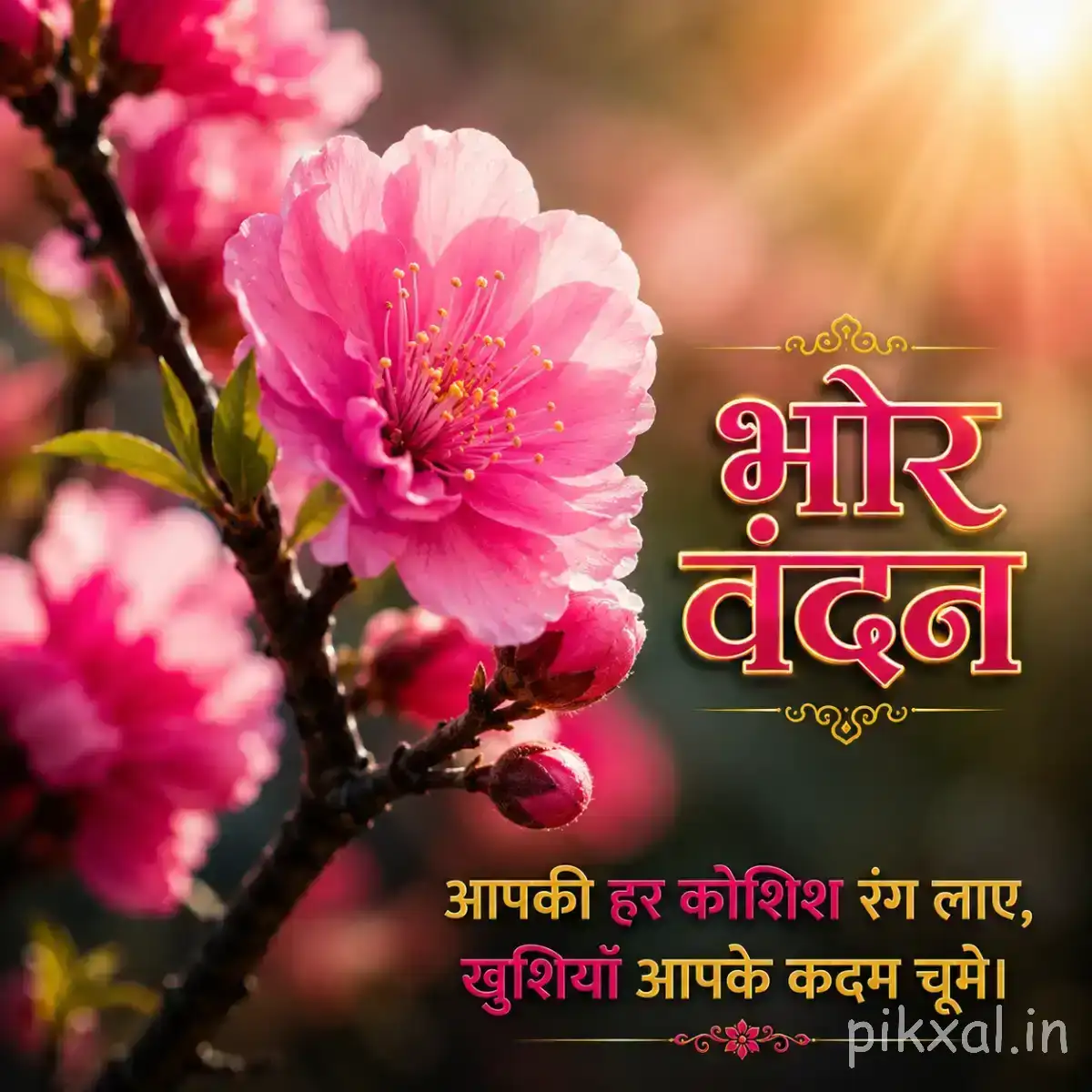 Bright pink flowers with layered petals on a flowering branch illuminated by warm sunlight