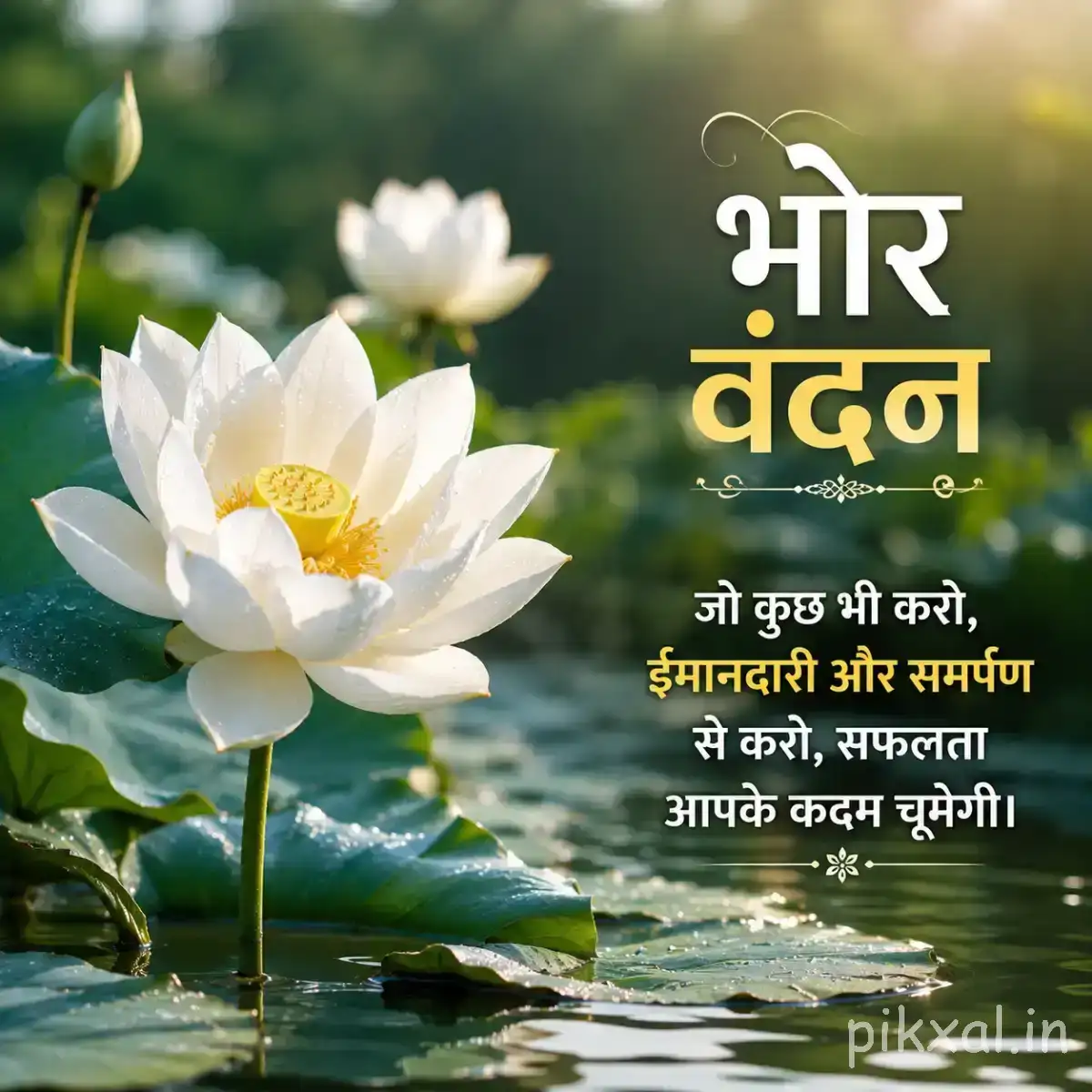 Single white flower with green leaves against a dark softly blurred background with a Hindi morning message