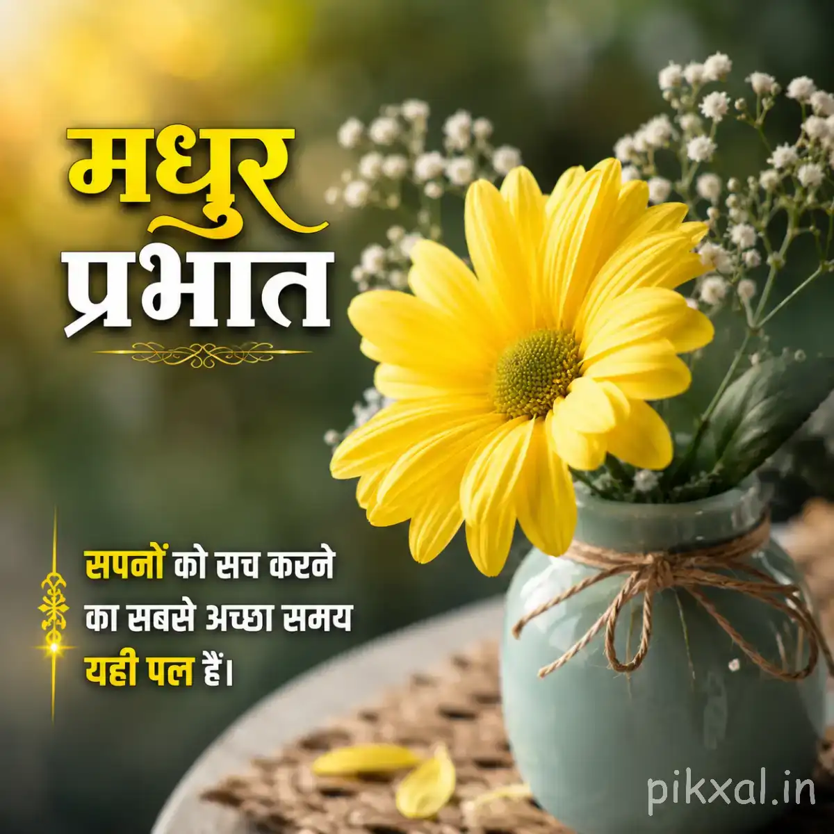 Yellow flower with layered petals in a small vase, surrounded by clusters of tiny white flowers