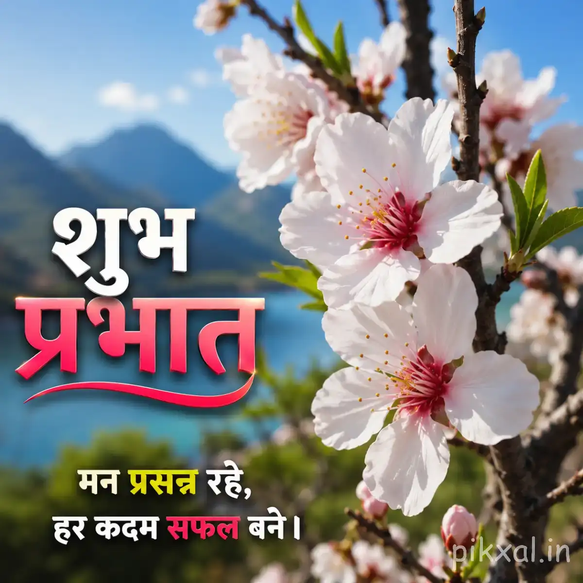 White flowers with pink centers on a flowering branch against blue mountains and a Hindi Good Morning greeting