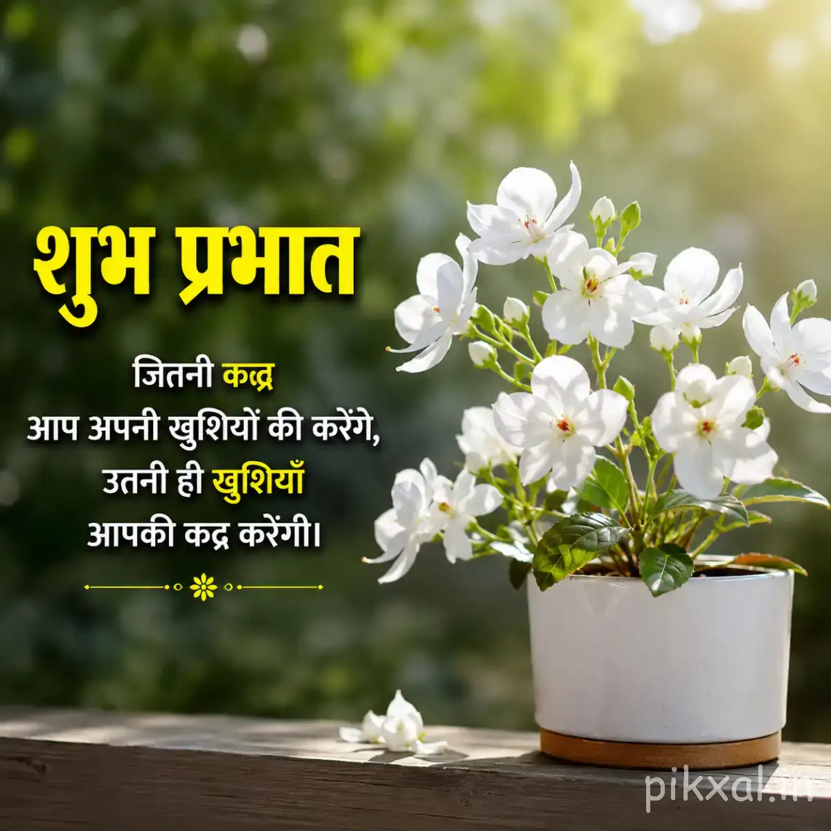 Cluster of small white flowers with yellow centers in a white pot against softly blurred greenery