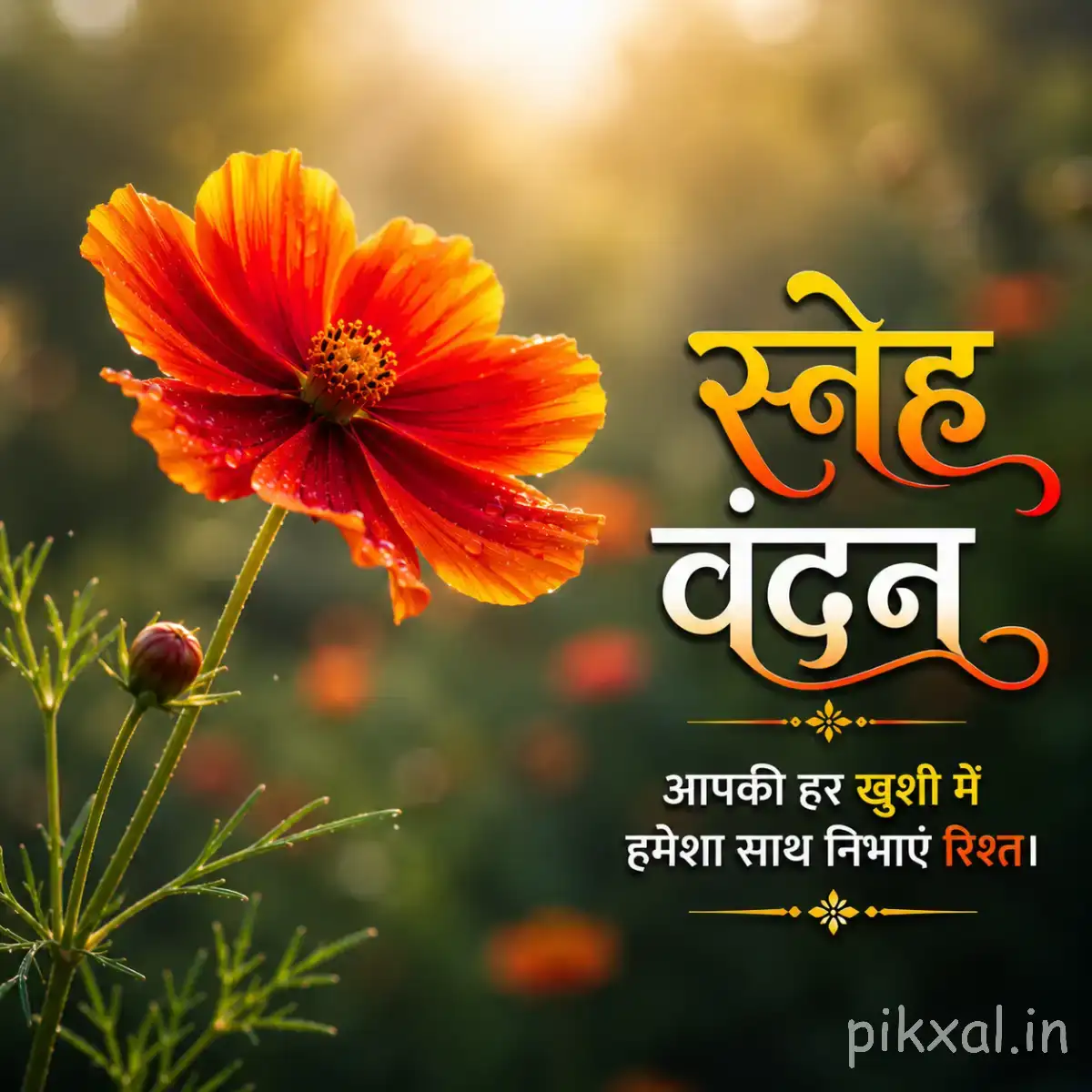 Orange-red flower with layered petals and a dark center among green leaves with a Hindi morning wish