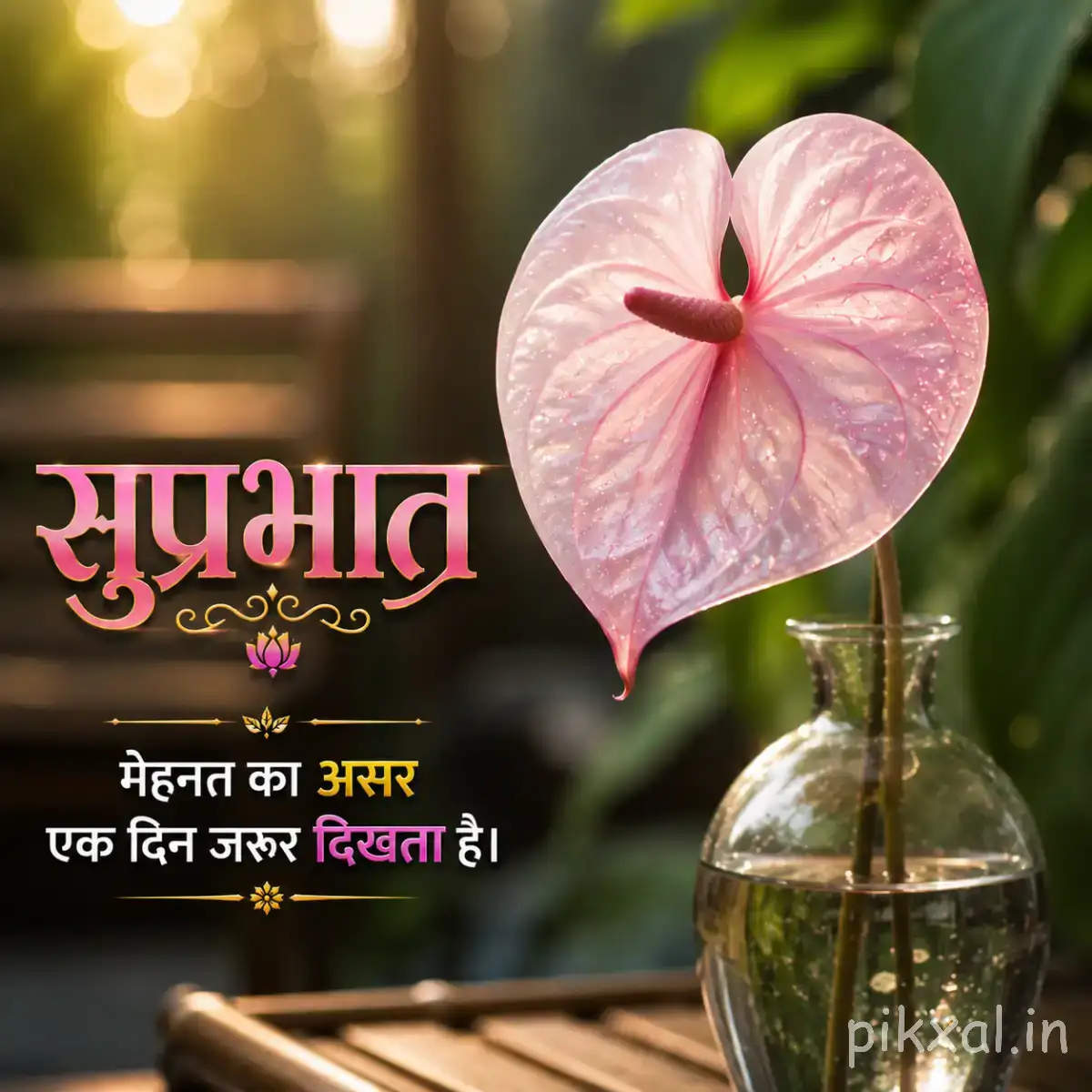 Single pale pink heart-shaped flower in a glass vase against softly blurred greenery with a Hindi morning greeting