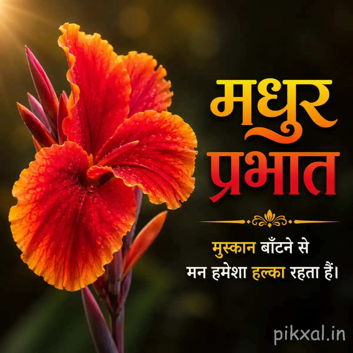 Large red-orange flower with layered petals and pointed outer petals against a dark blurred background with a Hindi morning greeting