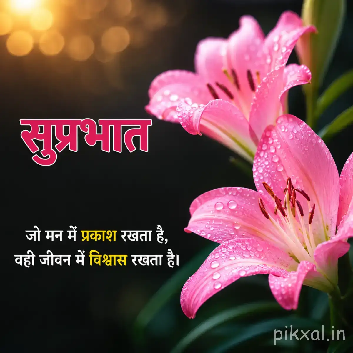 Several pink flowers with elongated petals and prominent stamens against a dark blurred background with a Hindi morning greeting