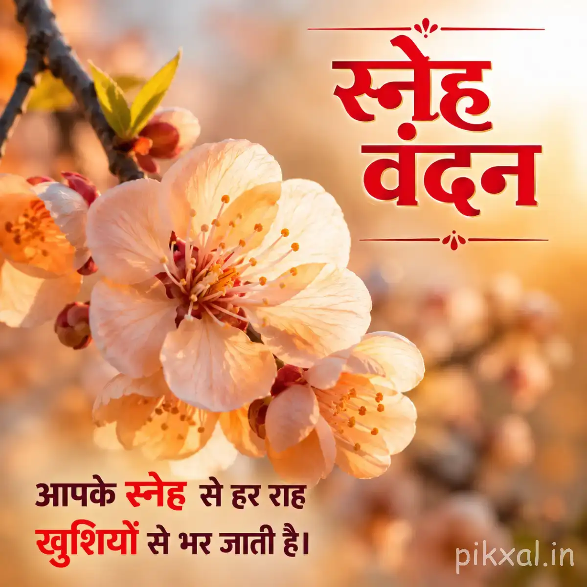 Pale peach flowers with dark centers on a flowering branch with a Hindi morning greeting
