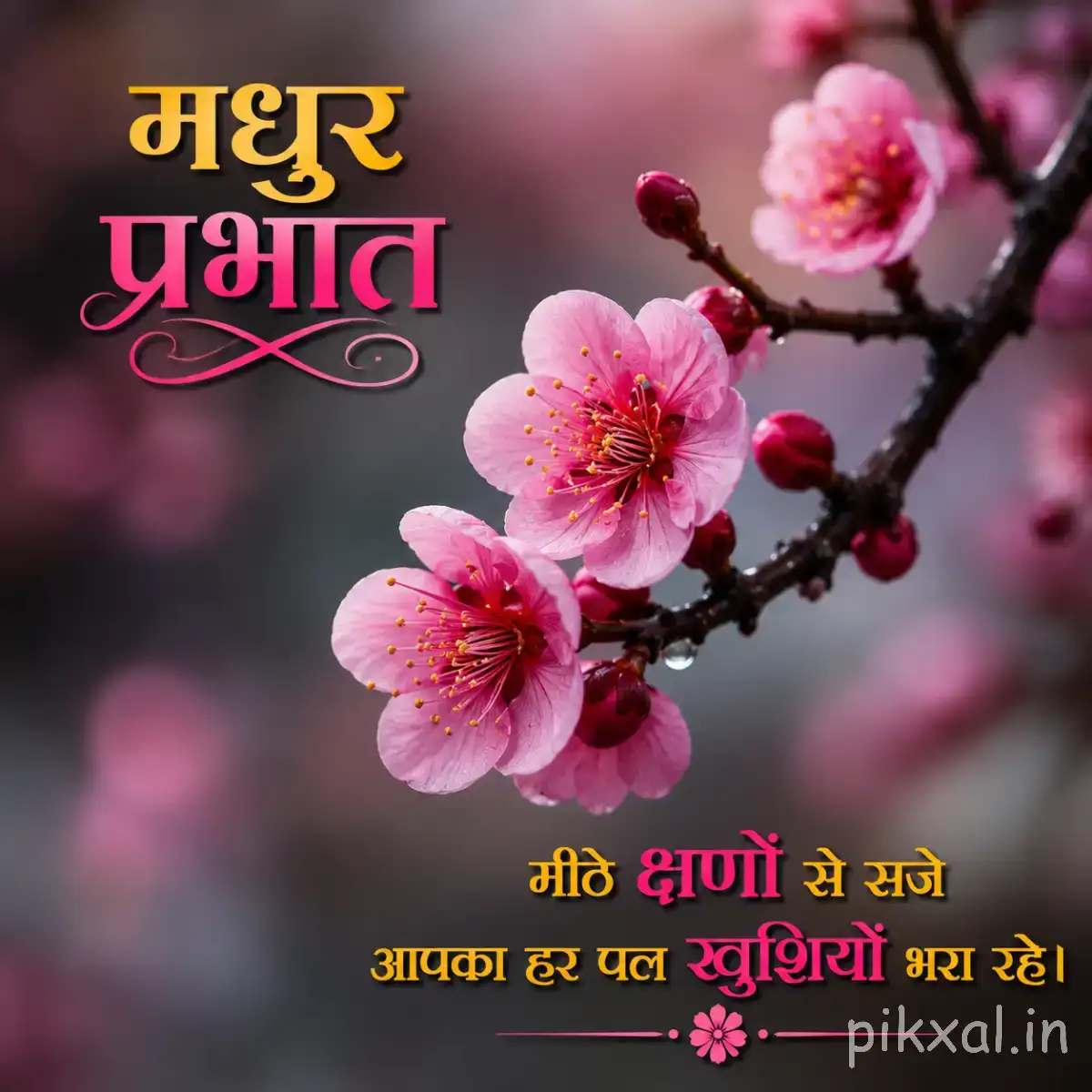 Several pink blossoms and buds on a flowering branch against a dark softly blurred background