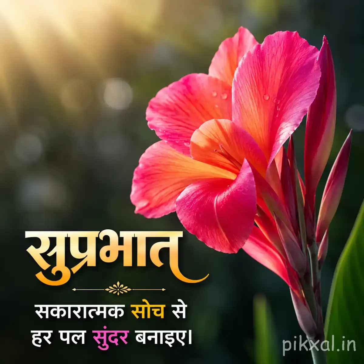 Large pink flower with elongated petals and unopened buds against warm morning light with a Hindi Good Morning greeting