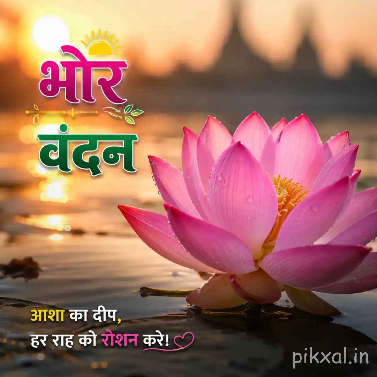 Pink layered flower resting above calm water with a warm sunrise background and Hindi morning wish