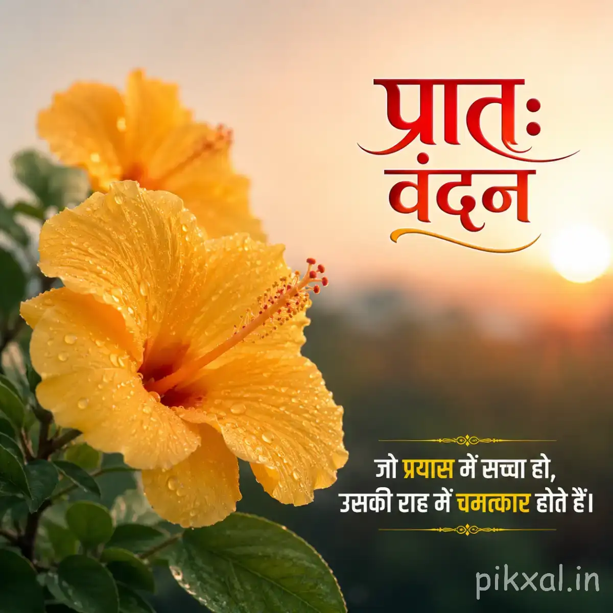 Yellow flower with broad petals beside green foliage against a softly blurred background with a Hindi morning greeting