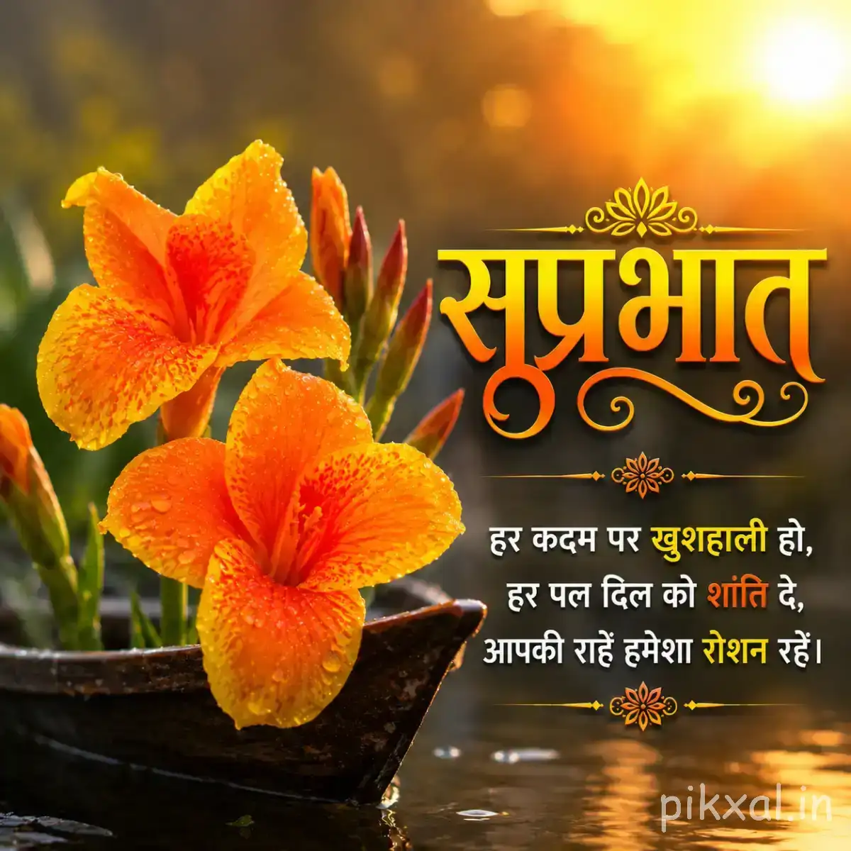 Orange-red flowers with layered petals in a small dark pot, surrounded by warm golden morning light and a Hindi Good Morning wish