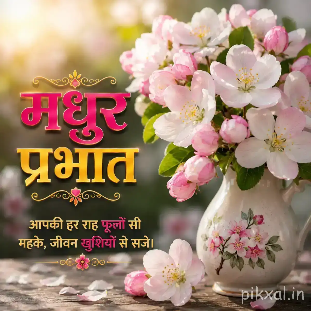 Clusters of pale pink and white blossoms with rounded petals beside a small vase and Hindi Good Morning message
