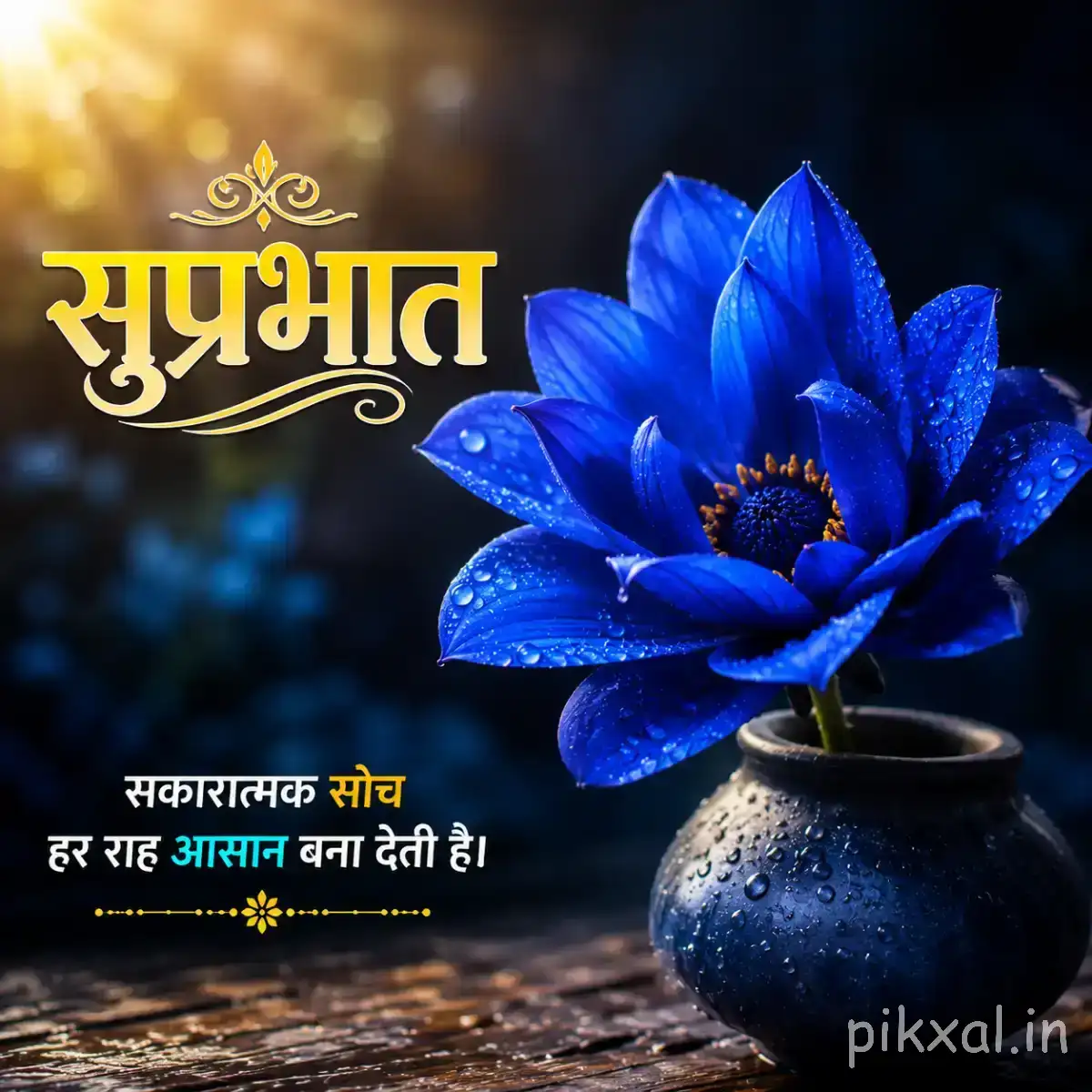 Deep blue wide-open flower with layered petals beside a small dark pot against a softly blurred background