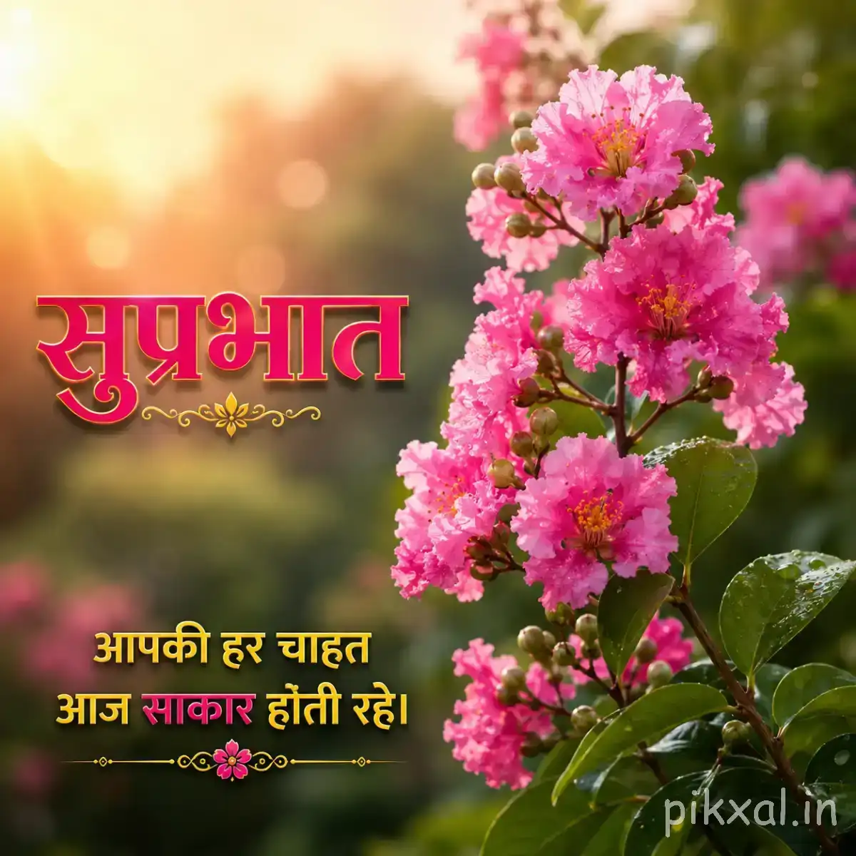 Clusters of bright pink flowers on leafy stems against warm blurred greenery with a Hindi Good Morning wish