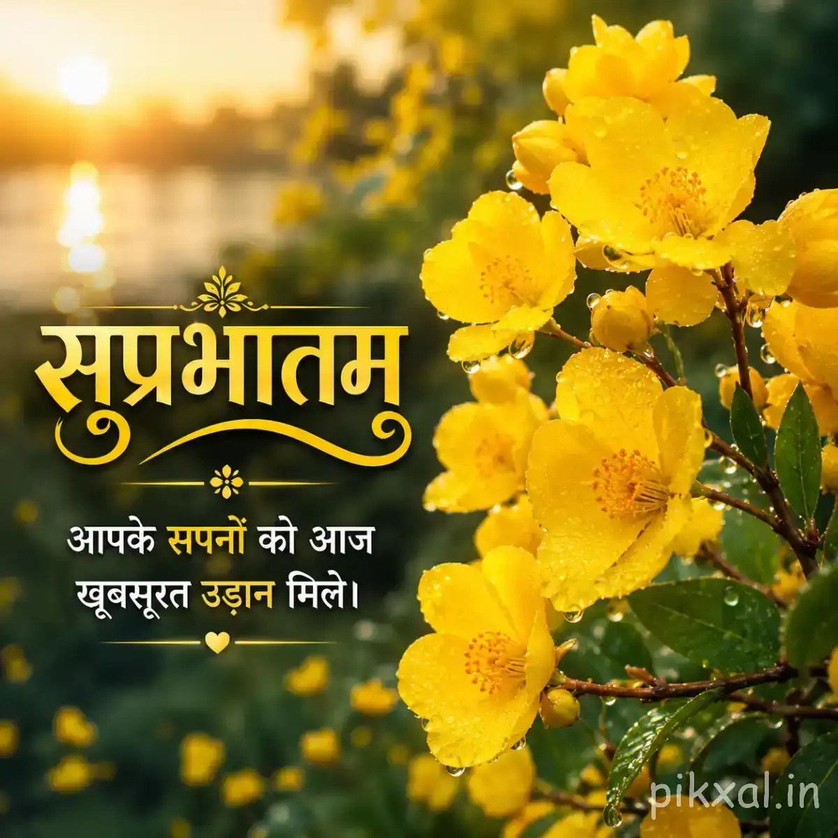 Multiple yellow flowers with rounded petals and green foliage against a warm golden blurred background with Hindi Good Morning text