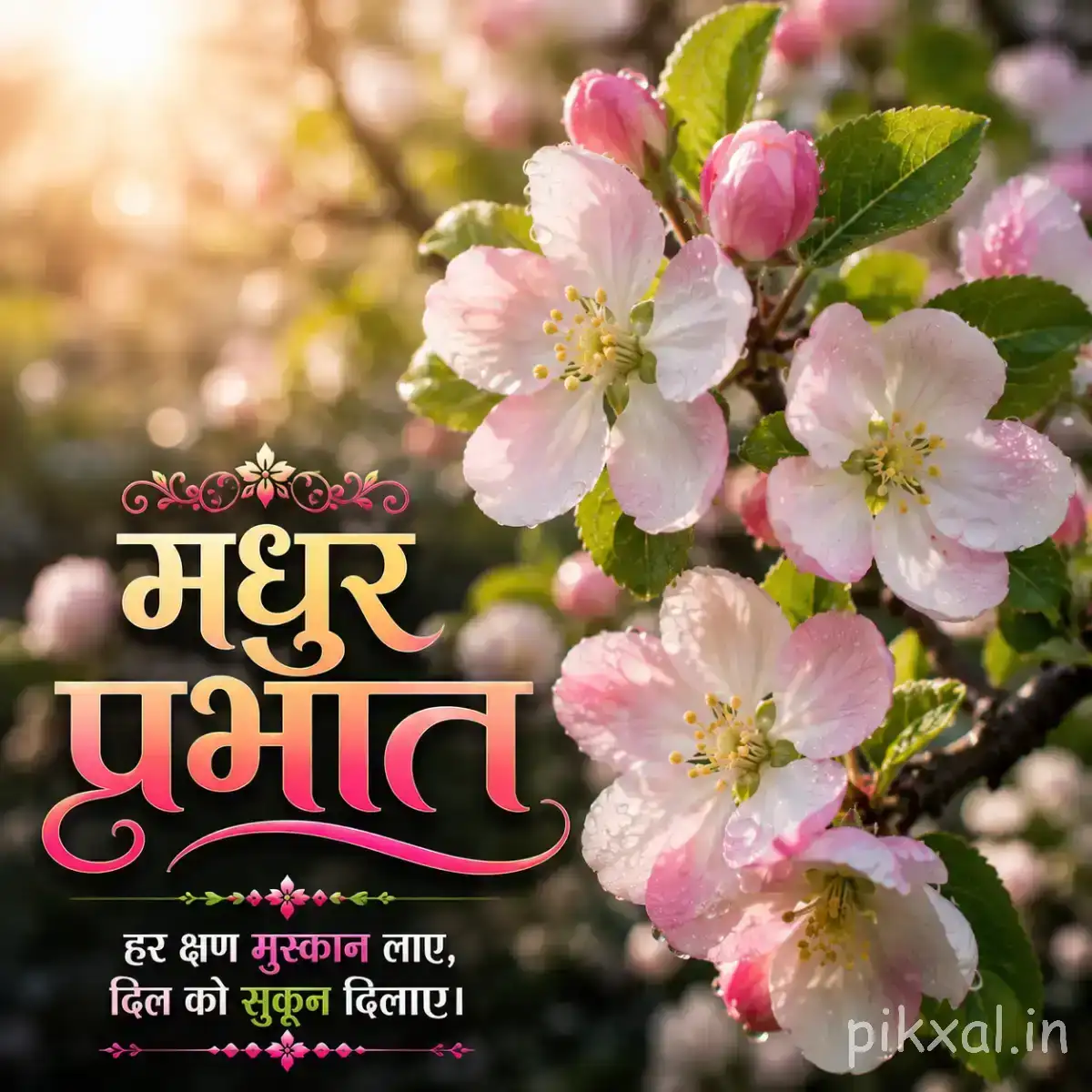 Clusters of pale pink and white blossoms with green leaves against warm blurred sunlight and a Hindi Good Morning message