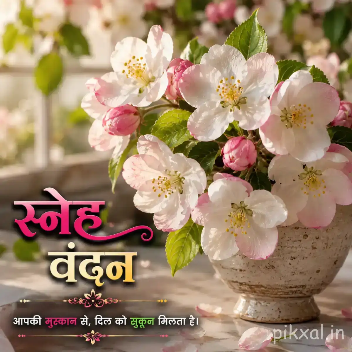 White and pale pink blossoms with green leaves arranged in a small vase with a Hindi morning wish
