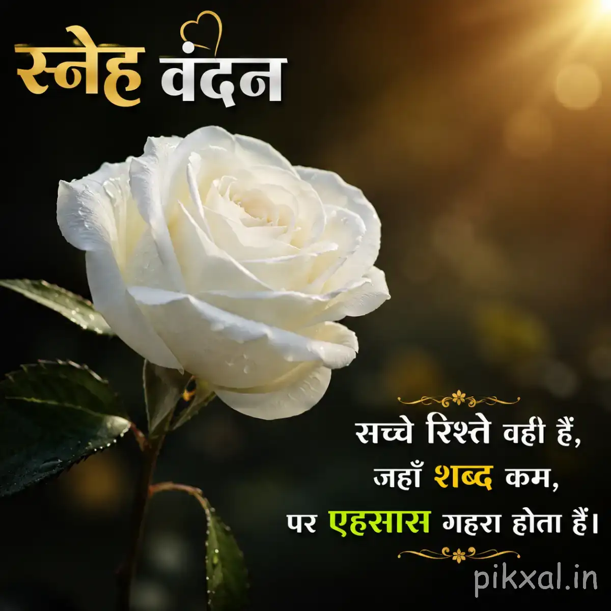 Single white layered flower with green leaves against a dark background and warm golden light with a Hindi morning greeting