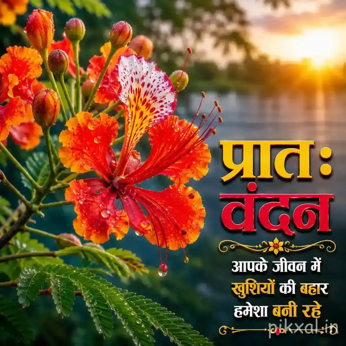 Cluster of orange and red flowers with long stamens and green foliage against warm sunlight with a Hindi morning wish