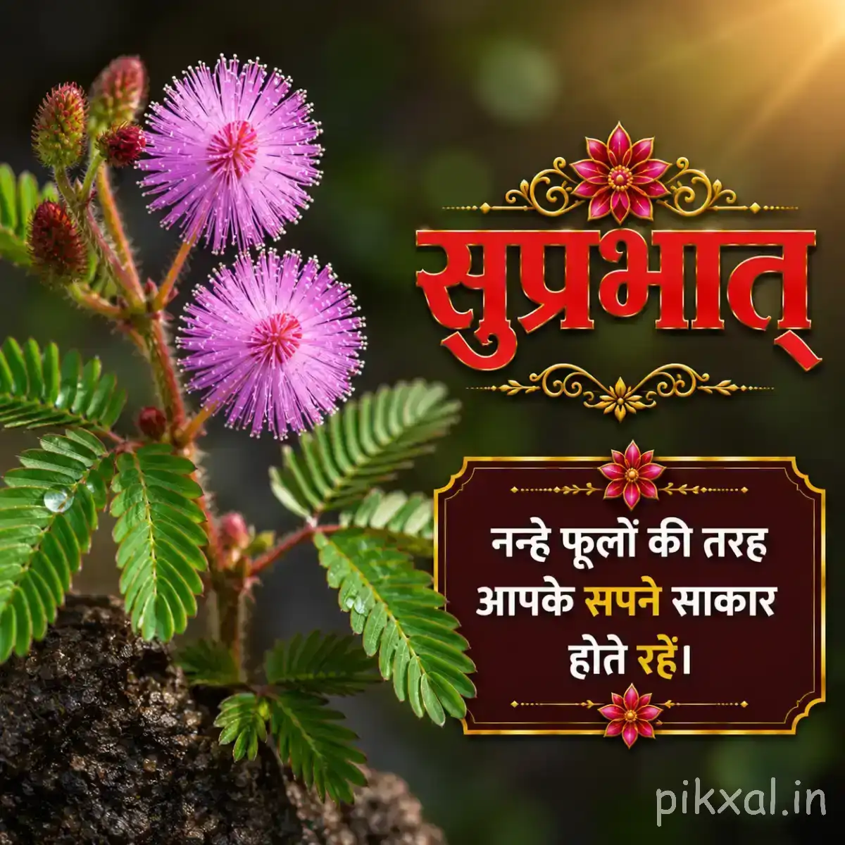 Purple round flowers and small red flowers on leafy stems against dark greenery with a Hindi Good Morning message