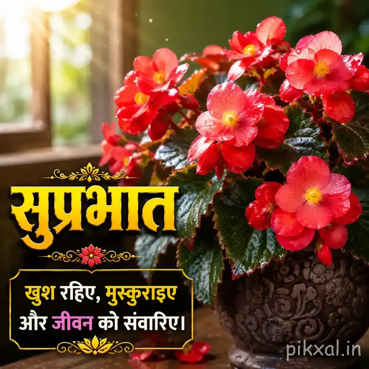 Cluster of bright red flowers with rounded petals and green leaves in a decorative pot with a Hindi morning greeting