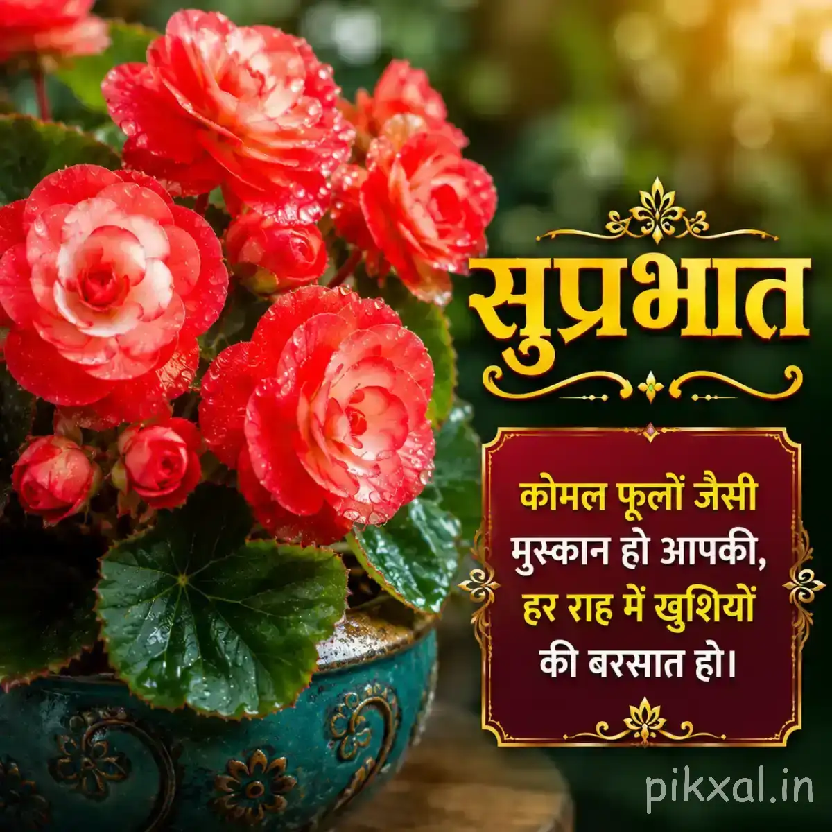 Cluster of red flowers with layered petals and green leaves in a decorative blue pot with a Hindi Good Morning wish