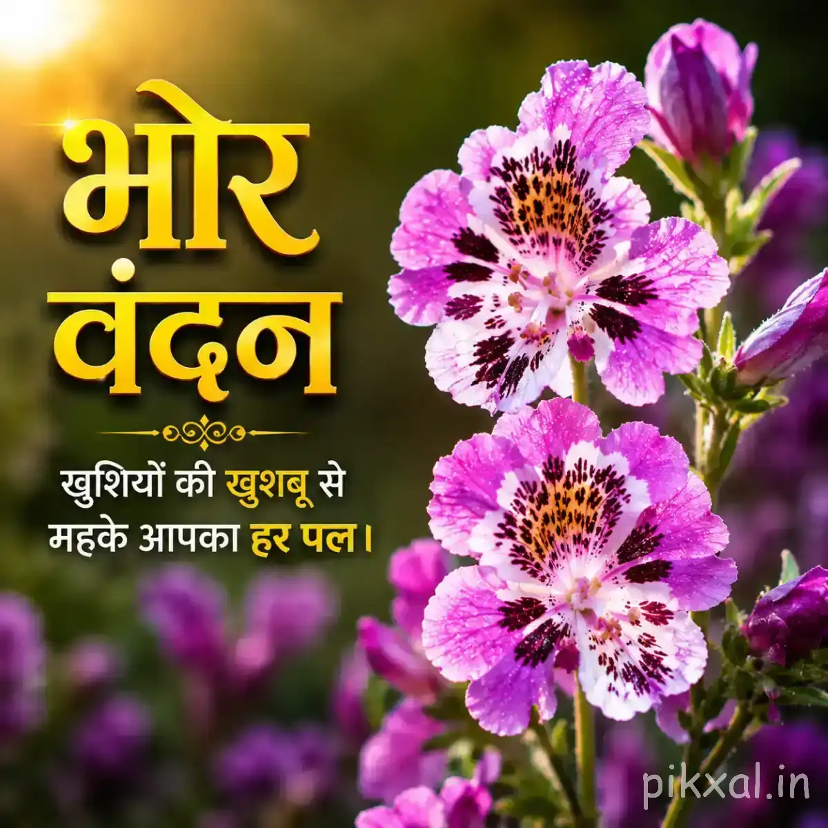 Several purple and pink flowers with patterned petals and dark centers against blurred greenery with a Hindi morning greeting