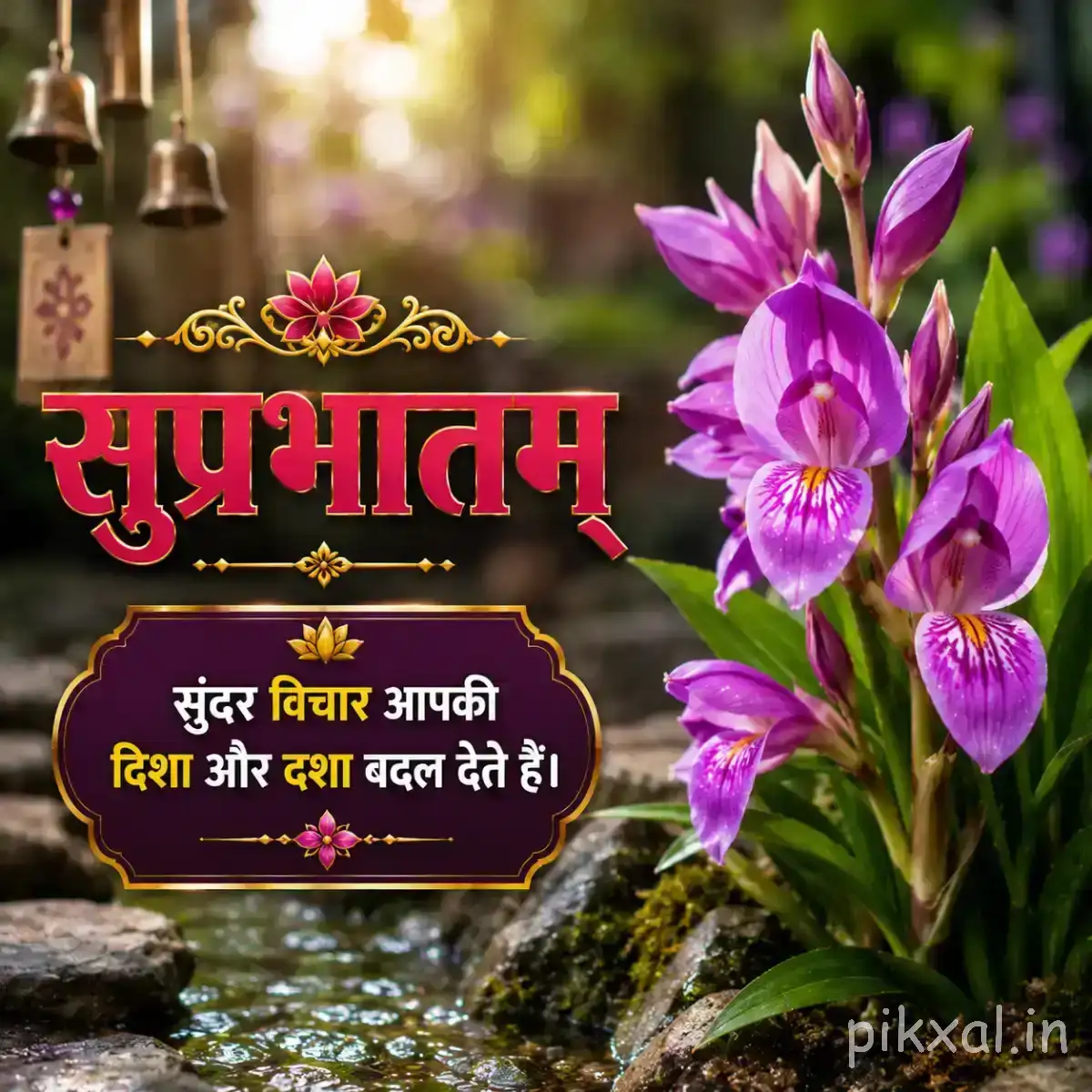 Several upright purple flowers with elongated petals and green stems beside a rocky stream with a Hindi Good Morning wish